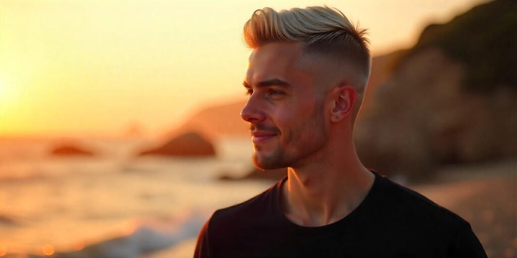 Young man with layered ice cream buzz cut, natural and realistic photo in a romantic setting.