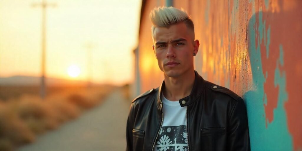 Man with Ice Cream Inspired Mohawk hairstyle and frosted hair color in romantic outdoor setting.