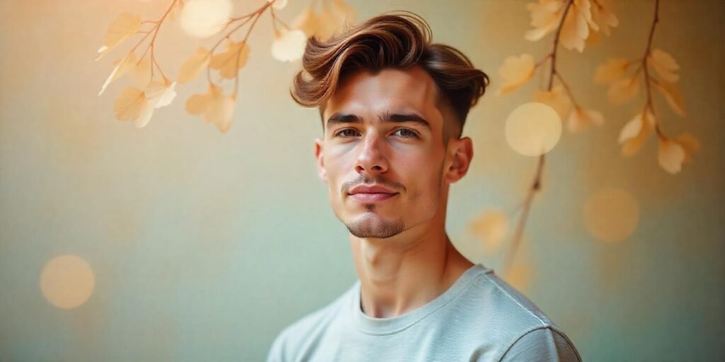 "Realistic image of a young man with swooped ice cream haircut, light gray shirt, and romantic background."