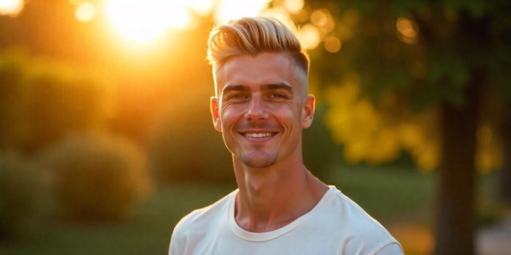 "High fade haircut with creamy blonde tips on a young man, featuring natural facial expression and realistic neck blending."