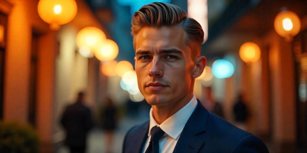 A young man with a slicked-back hairstyle and creamy undertones, exuding confidence in a dark blue suit.