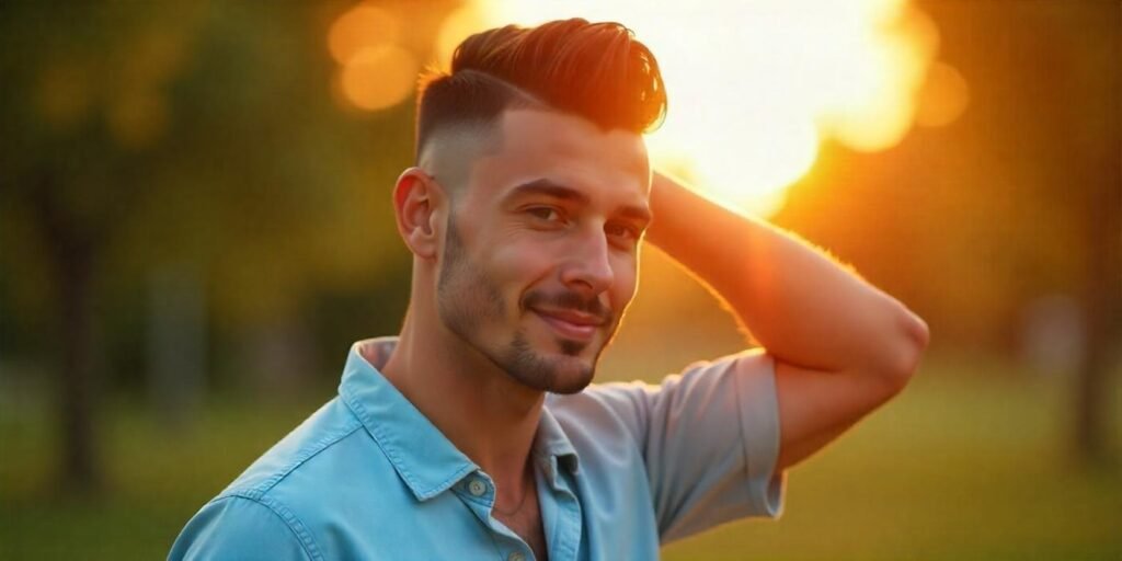 "Men's taper fade haircut with flipped top, natural look, romantic sunset background."