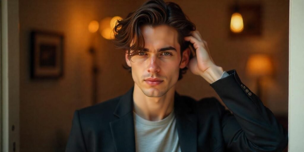 Young man with medium-length hair styled in soft waves, wearing a grey shirt and dark jacket. Romantic, softly lit background.