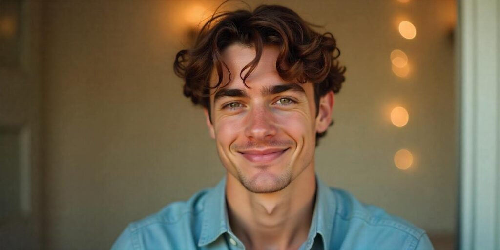 "Realistic image of a man with curly tapered hairstyle, showcasing natural curls and a relaxed, romantic vibe."