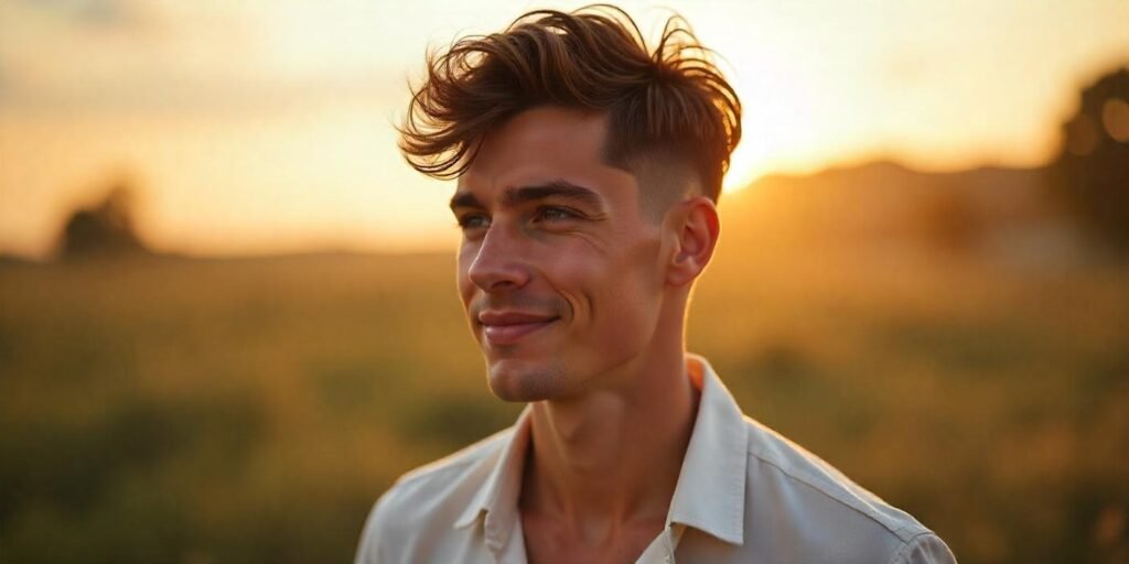 "Realistic photo of a young man with textured wings cut hairstyle and a casual shirt, in a romantic setting."