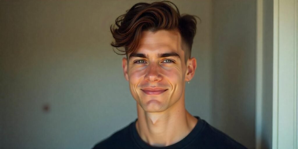 "Realistic blowout taper fade hairstyle for men with natural facial features and romantic background"