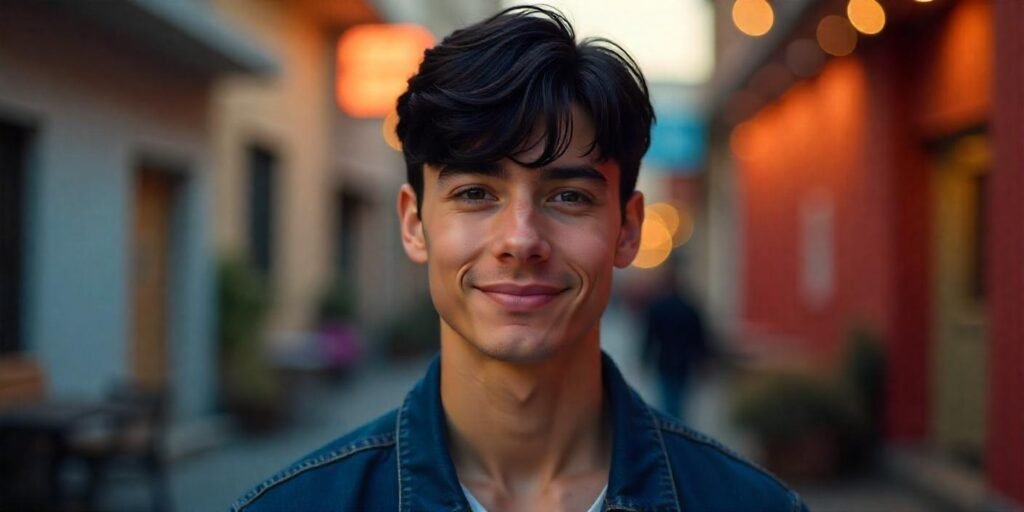 "Man with a bowl cut and brushy ends, dressed in denim jacket, in a romantic background, showcasing a trendy hairstyle."