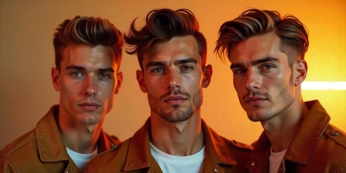 Three handsome men with square face shapes showcasing modern hairstyles: side-parted textured crop