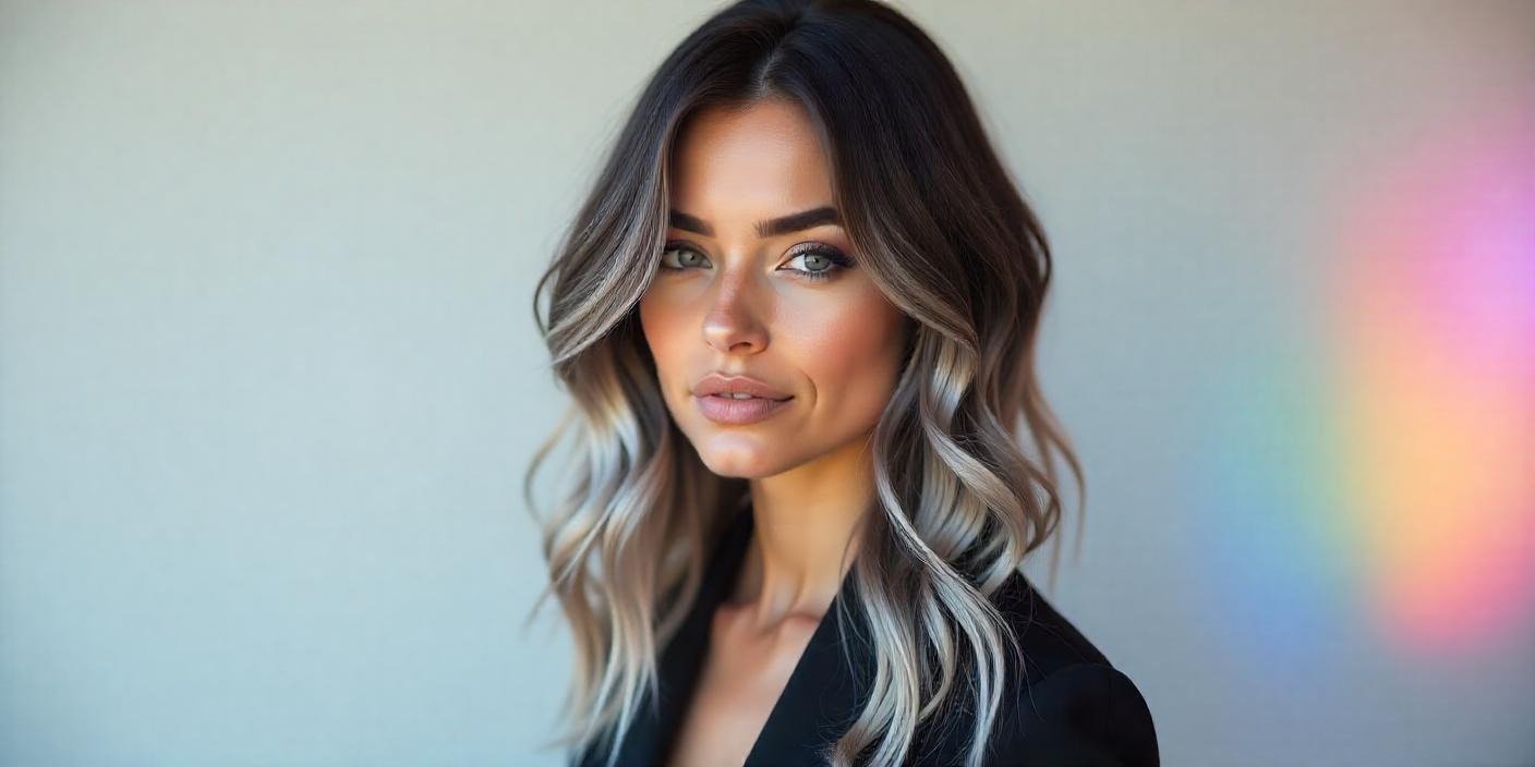 Chic smokey grey ombre hair with dark roots blending to ashen grey tips, styled with textured waves.