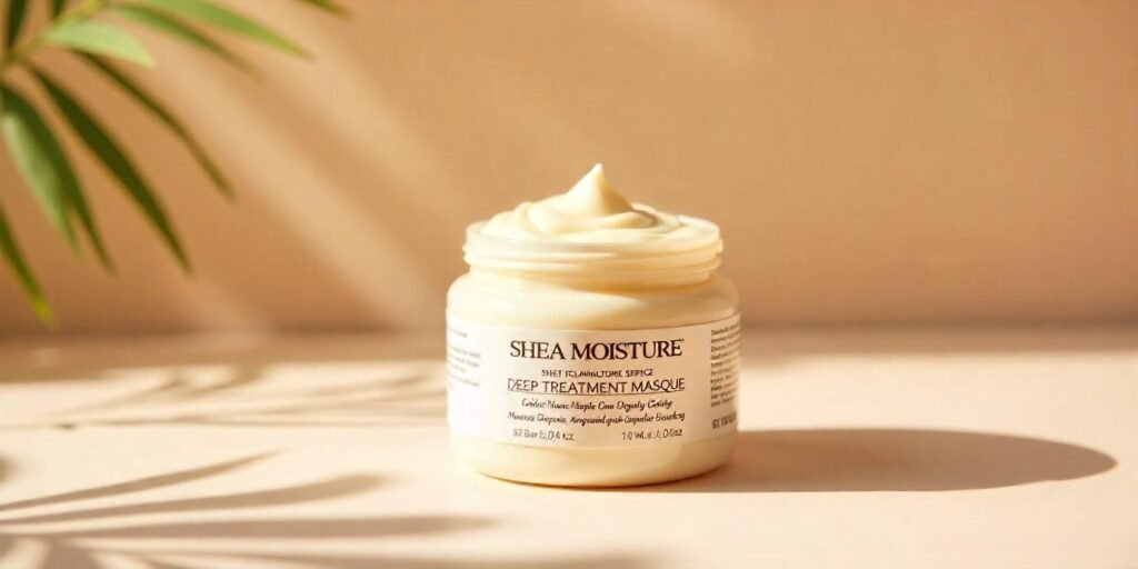 Shea Moisture Deep Treatment Masque for Low-Porosity Hair in realistic product photo, ideal for restoring moisture