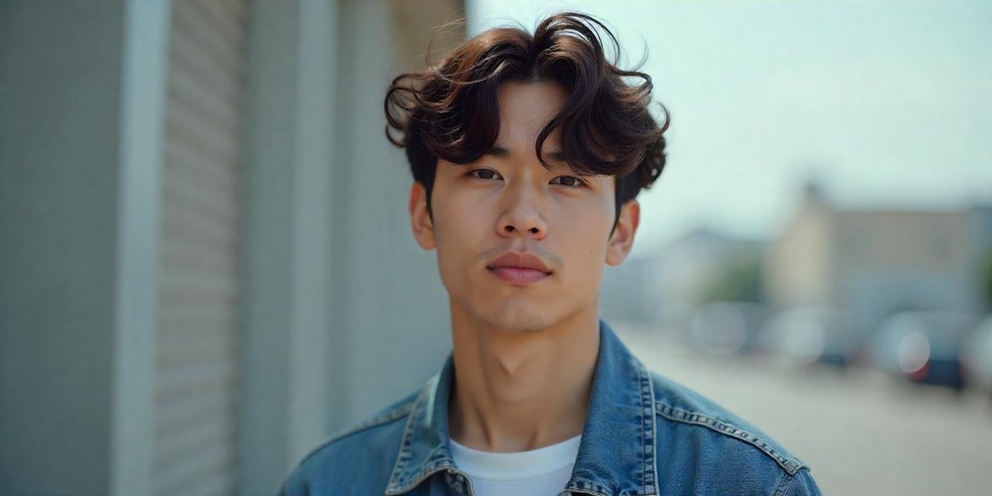 "Young man with Korean perm showcasing natural waves, volume, and modern hairstyle."