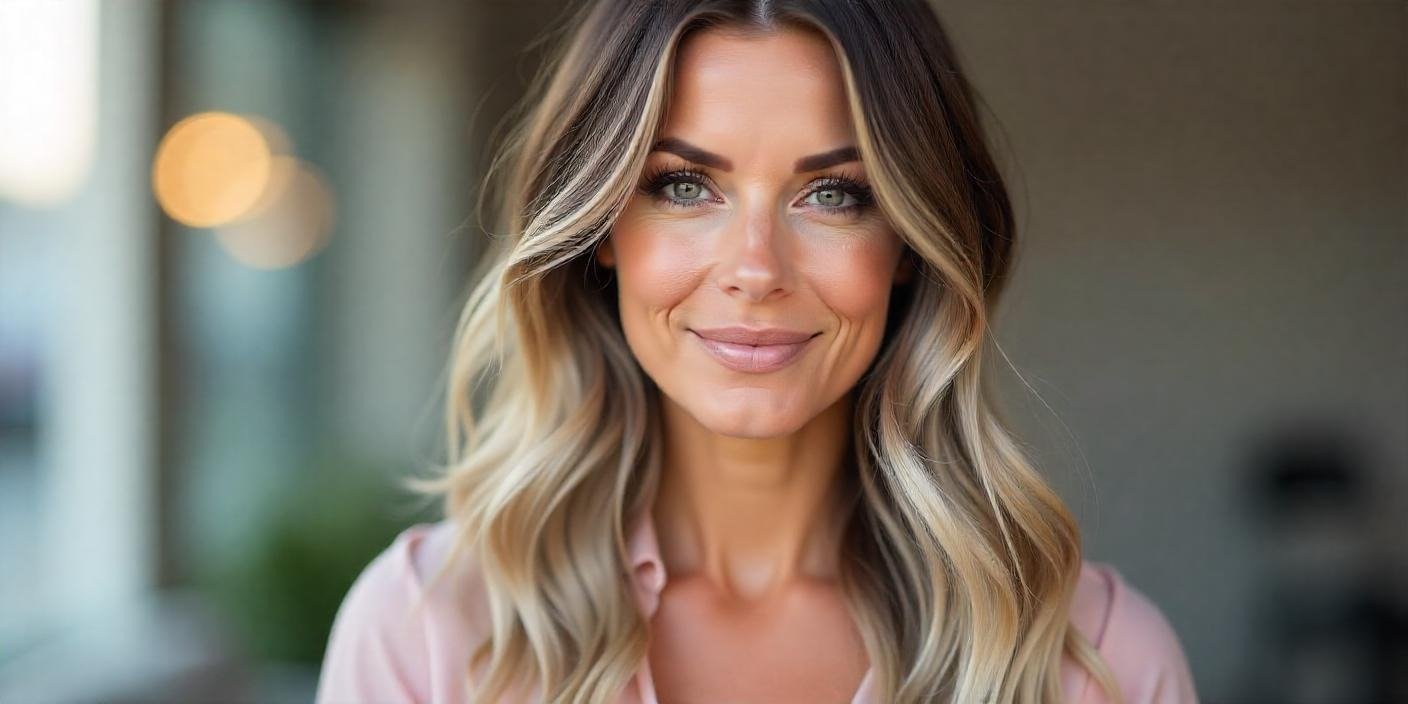 Silver balayage on brown hair, showing the seamless blend of dark roots and light silver ends,