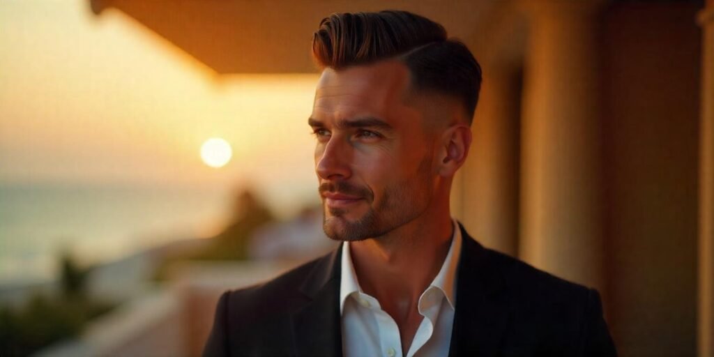 Man with slicked-down curtain hairstyle, formal black suit, romantic background, natural look.