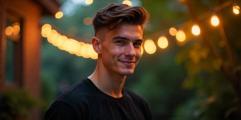 Realistic image of a man with messy crop hairstyle showcasing a modern twist on the curtain haircut,
