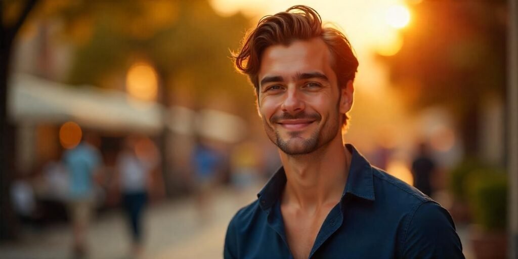 Young man with curtain hairstyle brushed back, wearing a dark blue shirt, natural waves, soft smile,