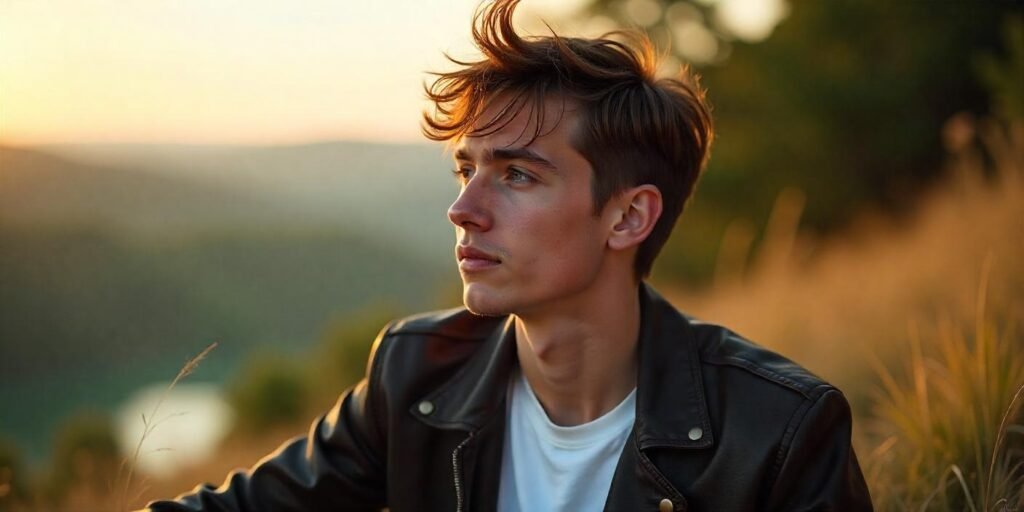 Realistic photo of a man with 90s boy band curtain hairstyle, relaxed expression, and casual outfit