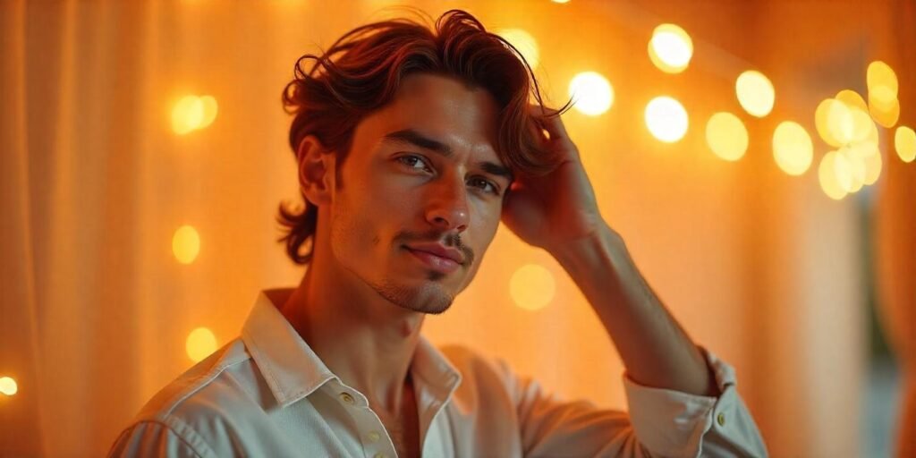 Realistic image of a young man with curtain hairstyle and easy waves, casual white shirt, soft romantic background