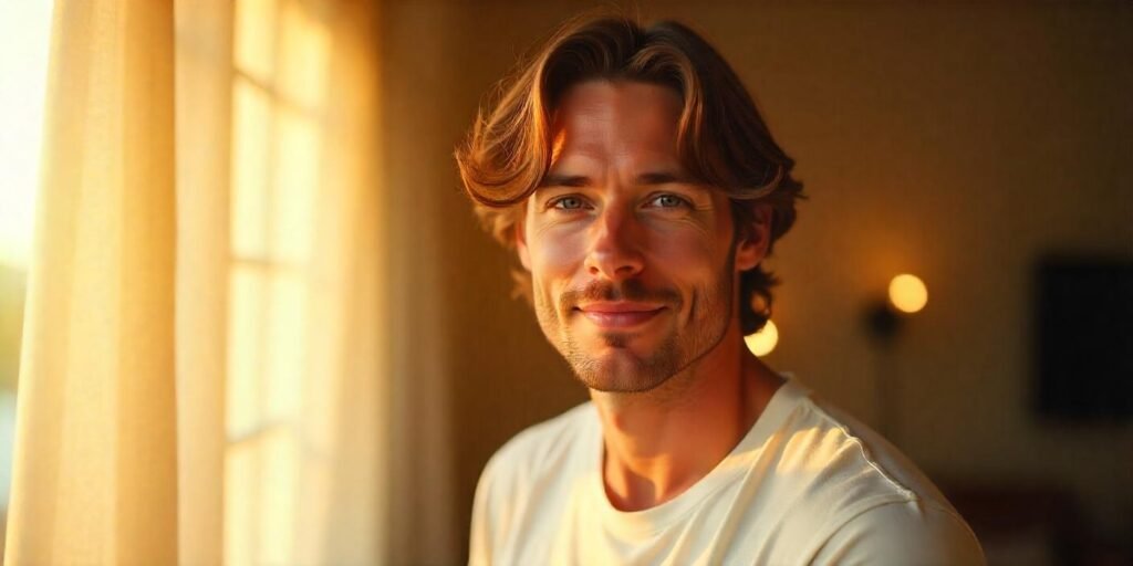 Side-parted curtain hairstyle for men, light brown hair with natural flow and romantic background
