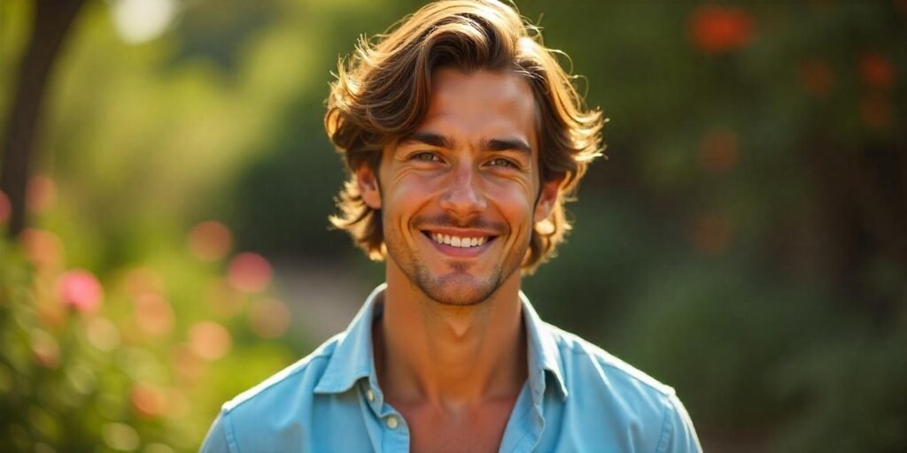 Realistic image of a man with a curtain hairstyle featuring loose, textured strands and volume at the roots