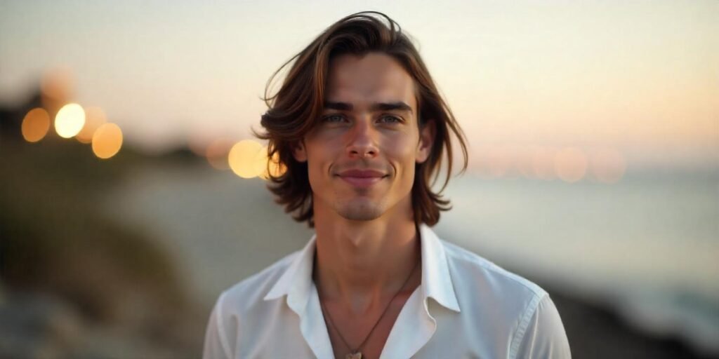 Realistic image of a young man with dyed curtain hairstyle, wearing a white shirt, with a romantic background.
