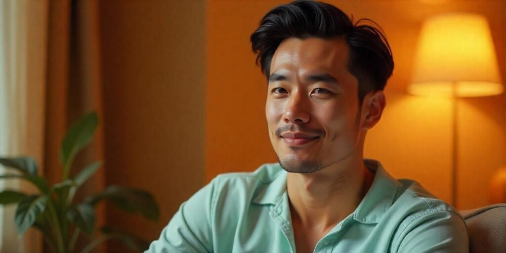 "Men's Korean Down Perm hairstyle, sleek hair with reduced volume for a polished and well-groomed appearance."