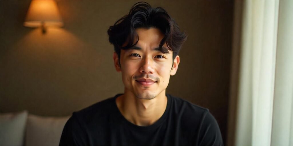 "Man with Korean root perm hairstyle, adding volume and fullness to his hair for a fresh, bouncy look."