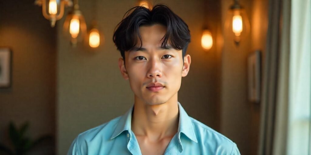 "Man with Korean straight perm hairstyle, natural expression, romantic background."