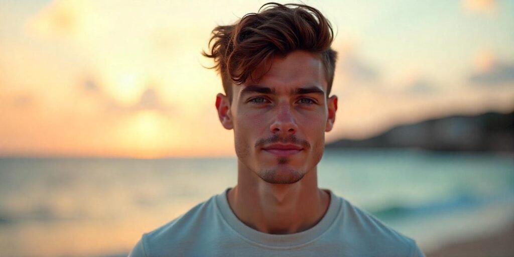 "Man with shaggy quiff hairstyle and textured layers, styled for a fresh, fashionable look."