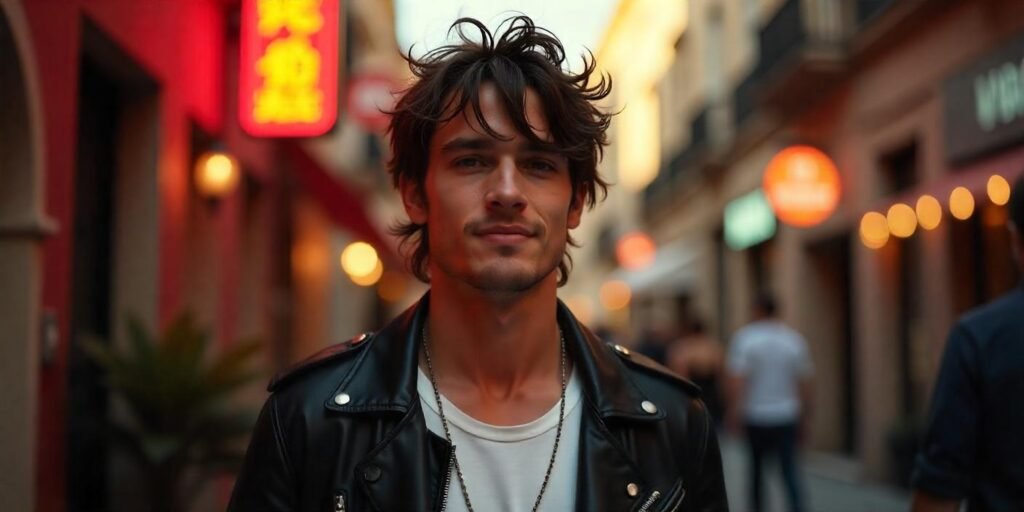 "Man with rocker shaggy hairstyle, black leather jacket, and relaxed facial expression in a romantic outdoor setting."
