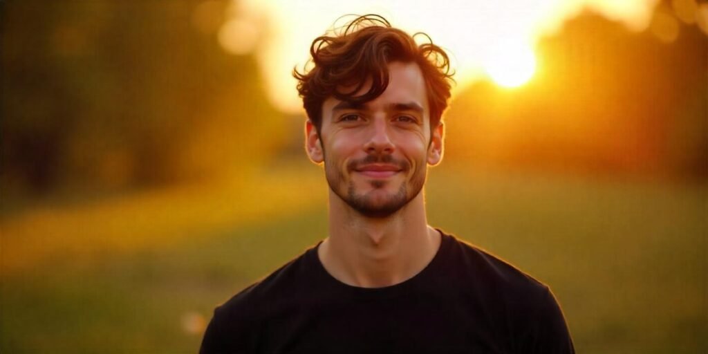 "Shaggy hairstyle with middle part on a man in casual black t-shirt, romantic outdoor background."