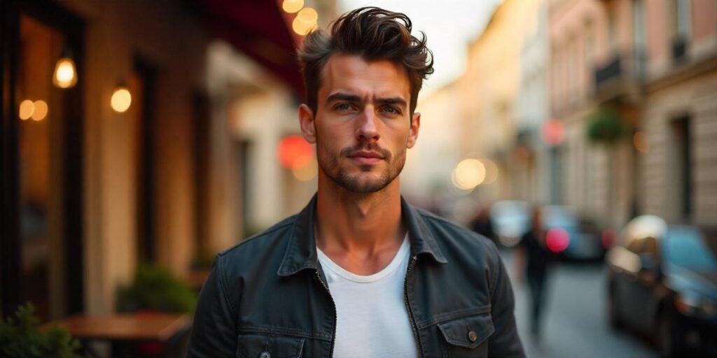 "Man with shaggy pompadour hairstyle, voluminous and textured look in a romantic setting."
