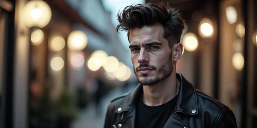 "Shaggy faux hawk hairstyle for men with a confident, edgy appearance in a romantic setting."