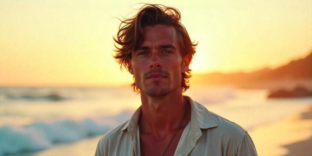 "Realistic surfer shaggy hairstyle for men, tousled layers and beachy vibes on a sunset beach."