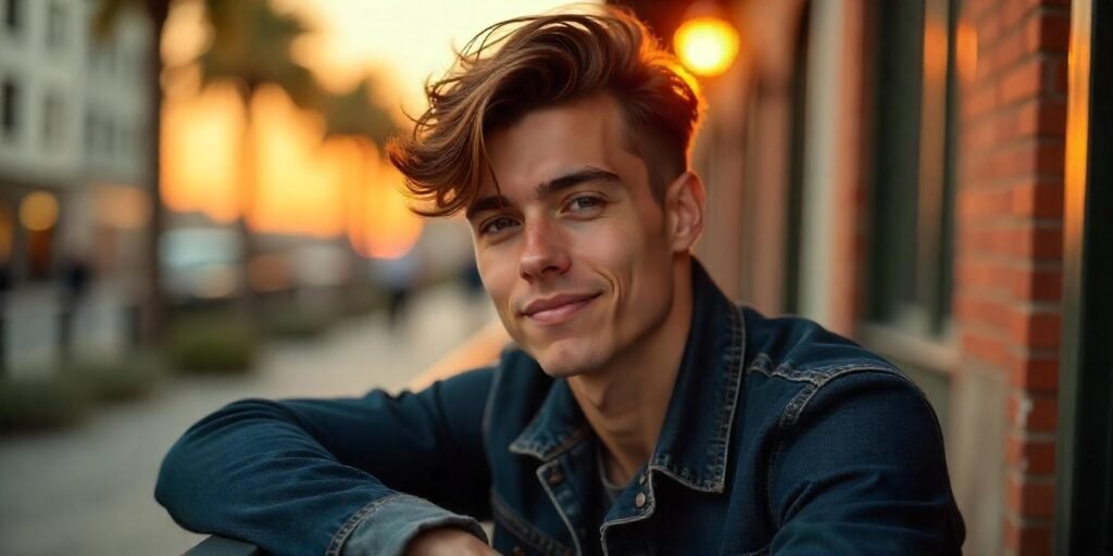 Young man with shaggy wolf cut for straight hair, casual outfit, romantic background.