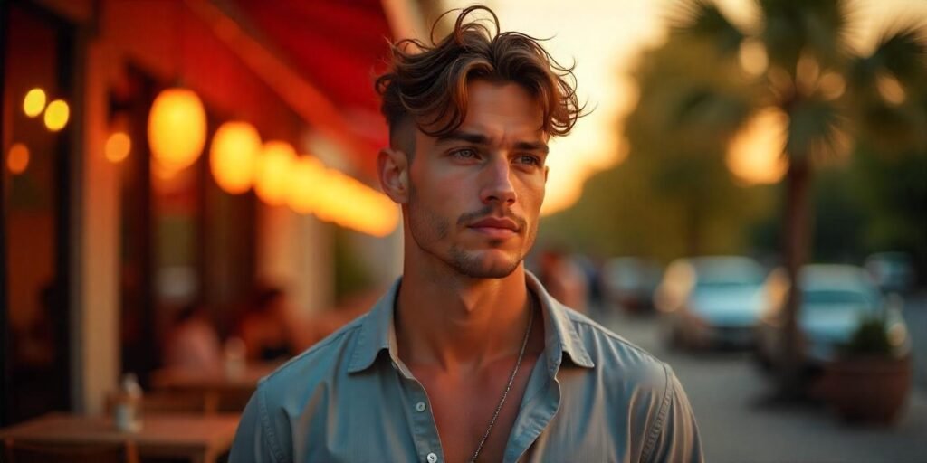 "Shaggy Caesar cut hairstyle for men with textured layers, casual and polished look."