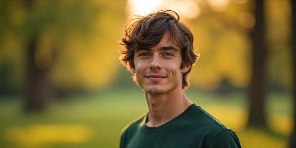 A young man with a 70s shaggy hairstyle, wearing a green T-shirt in a romantic outdoor setting.