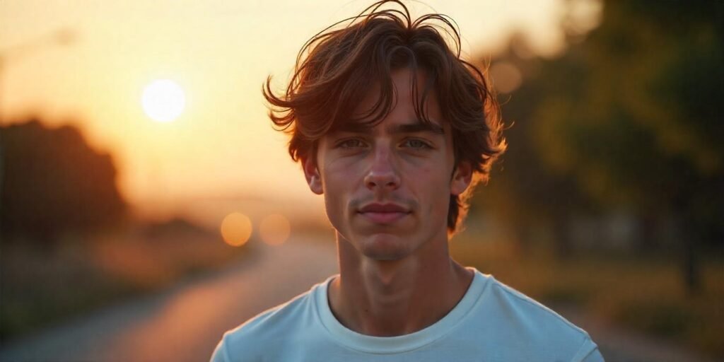 "Realistic skater shaggy hairstyle for men with relaxed and textured hair, casual outfit, and romantic background."