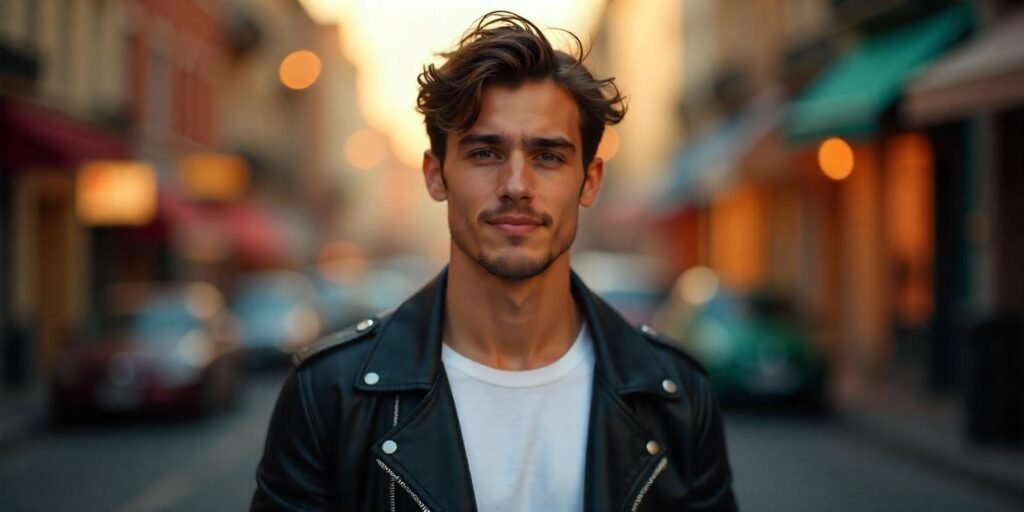 Realistic image of a man with a short shaggy haircut in a black leather jacket and casual, romantic background.