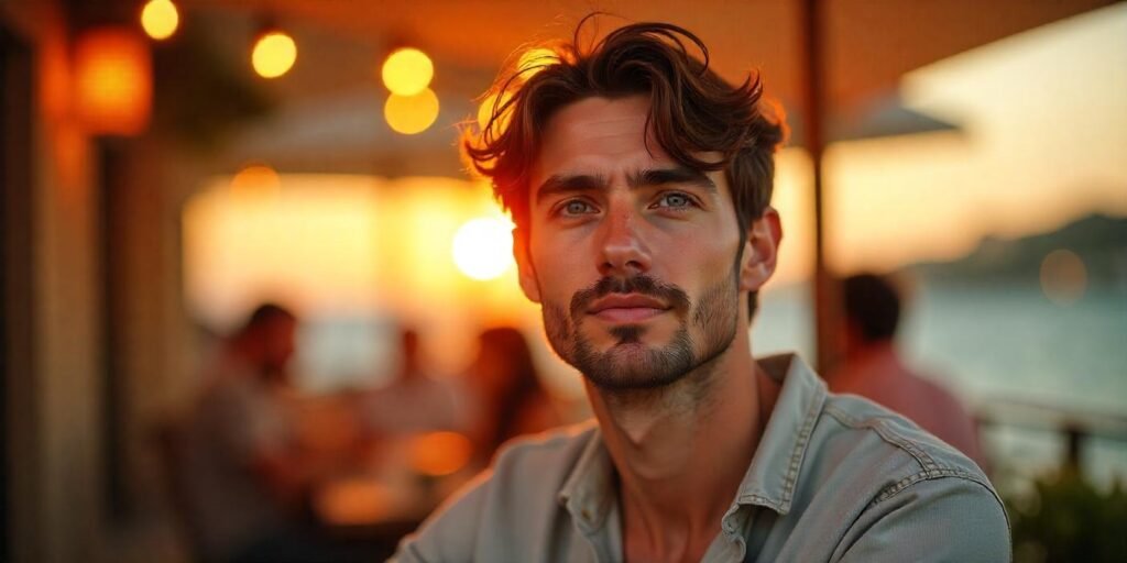 "Realistic photo of a man with medium shaggy hairstyle, natural waves, and relaxed look."