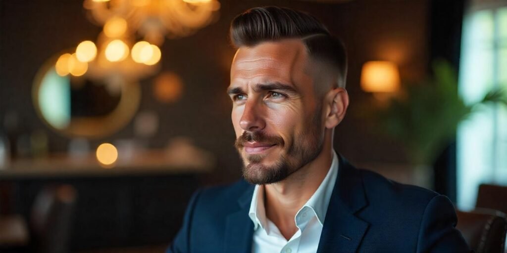 Man with sleek comb over haircut in romantic setting, wearing dark blue suit, well-groomed beard.