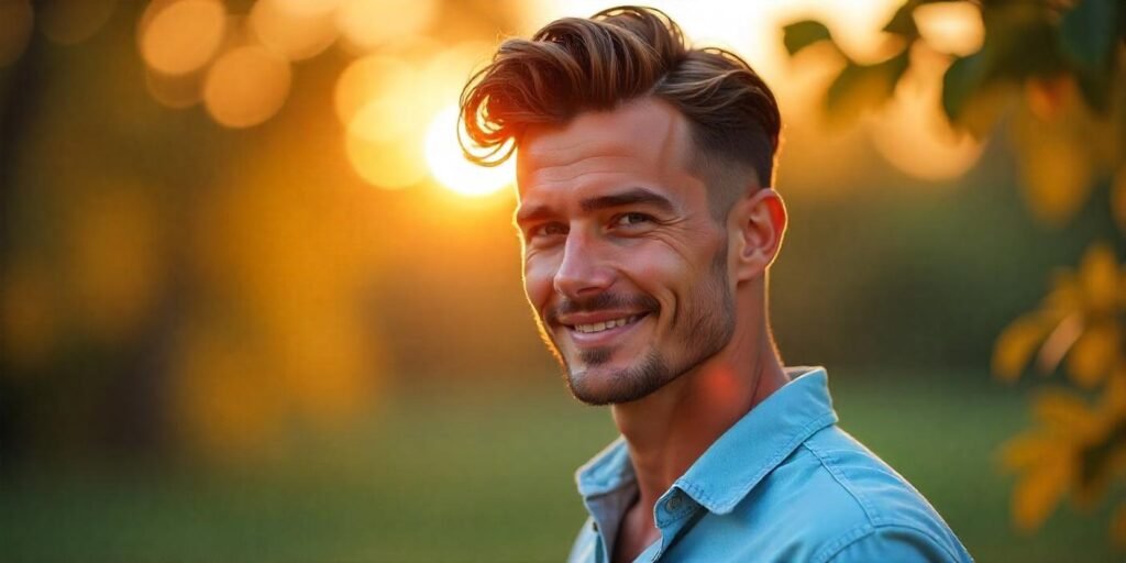Man with wavy undercut hairstyle, casual look, confident expression in romantic sunset setting
