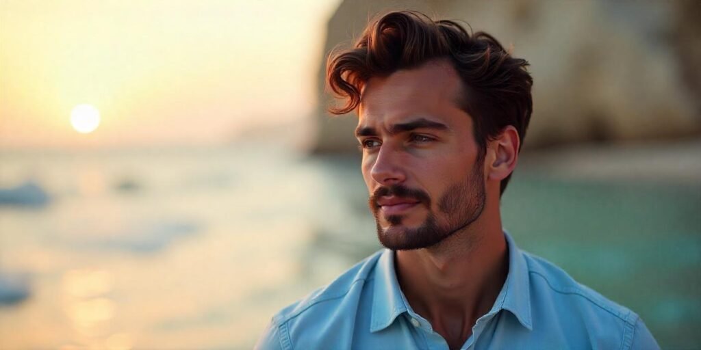 Tousled waves hairstyle for men with a natural, textured look in a romantic outdoor setting