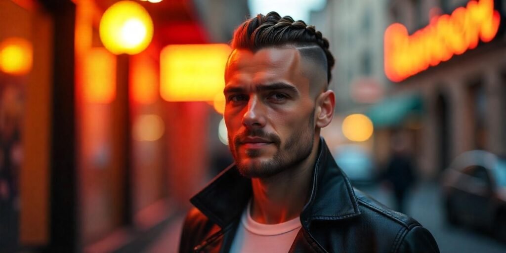 Realistic photo of a man with a braided undercut hairstyle, showcasing bold modern fashion