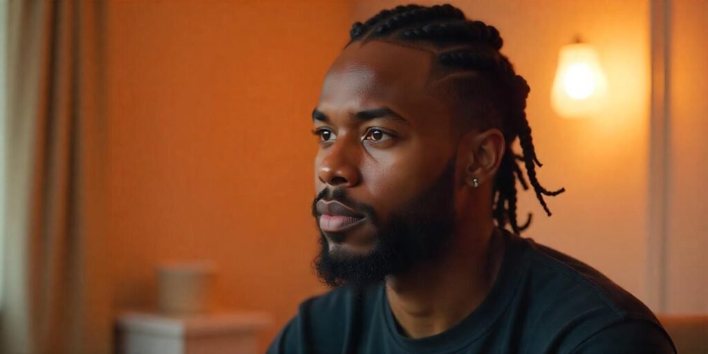 Man with box braids and well-groomed beard, showcasing a confident and structured look.
