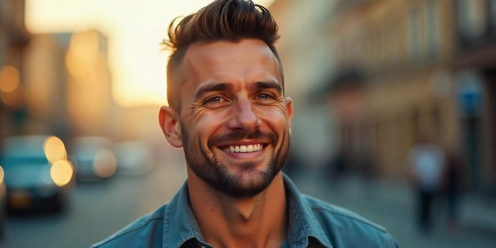 Realistic image of a man with a high and tight fade hairstyle, subtle beard, and casual outfit