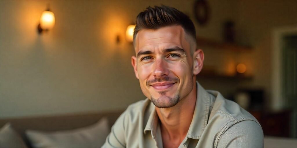 Realistic photo of a man with a crew cut hairstyle, showing sharp features and natural, groomed look