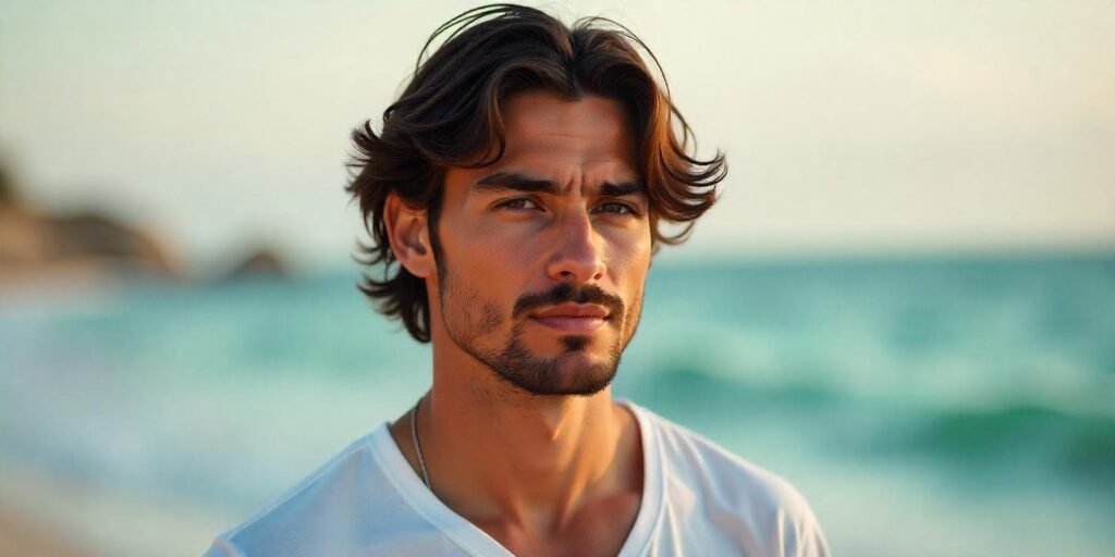 Young man with shoulder-length waves and beard in a romantic atmosphere with a white shirt.