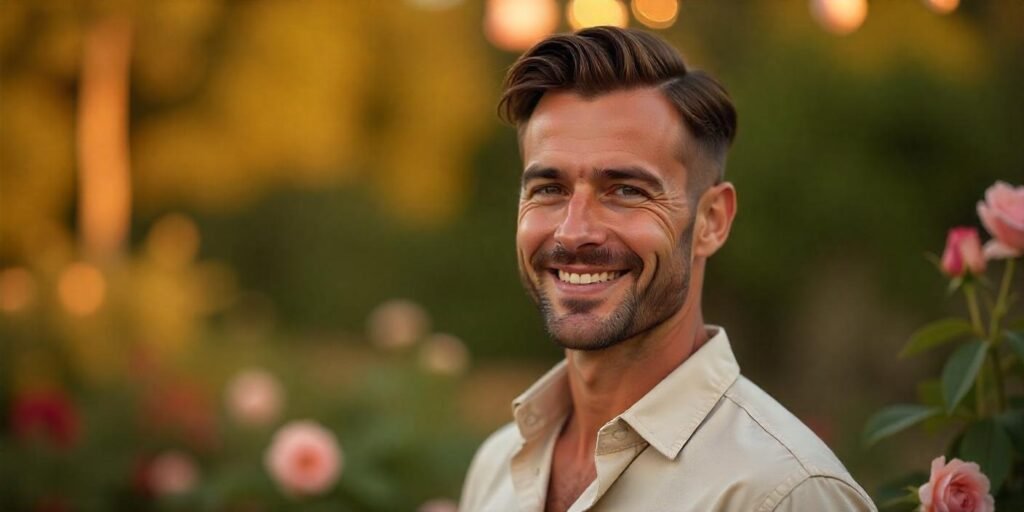 Realistic photo of man with dark brown taper haircut seamless blend short to long hair wearing beige shirt in garden