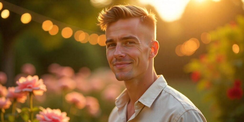 Man with classic crew cut in garden realistic photo longer top trimmed sides low maintenance haircut for fine hair styling