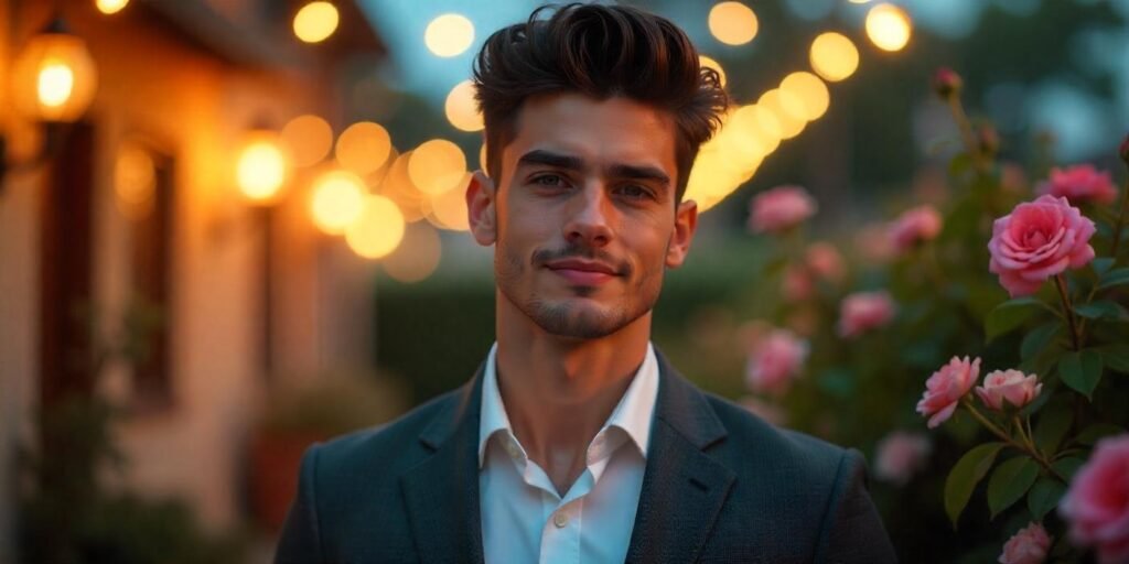 Man with thick pompadour hairstyle in charcoal suit at romantic garden dusk showing voluminous top and short tapered sides